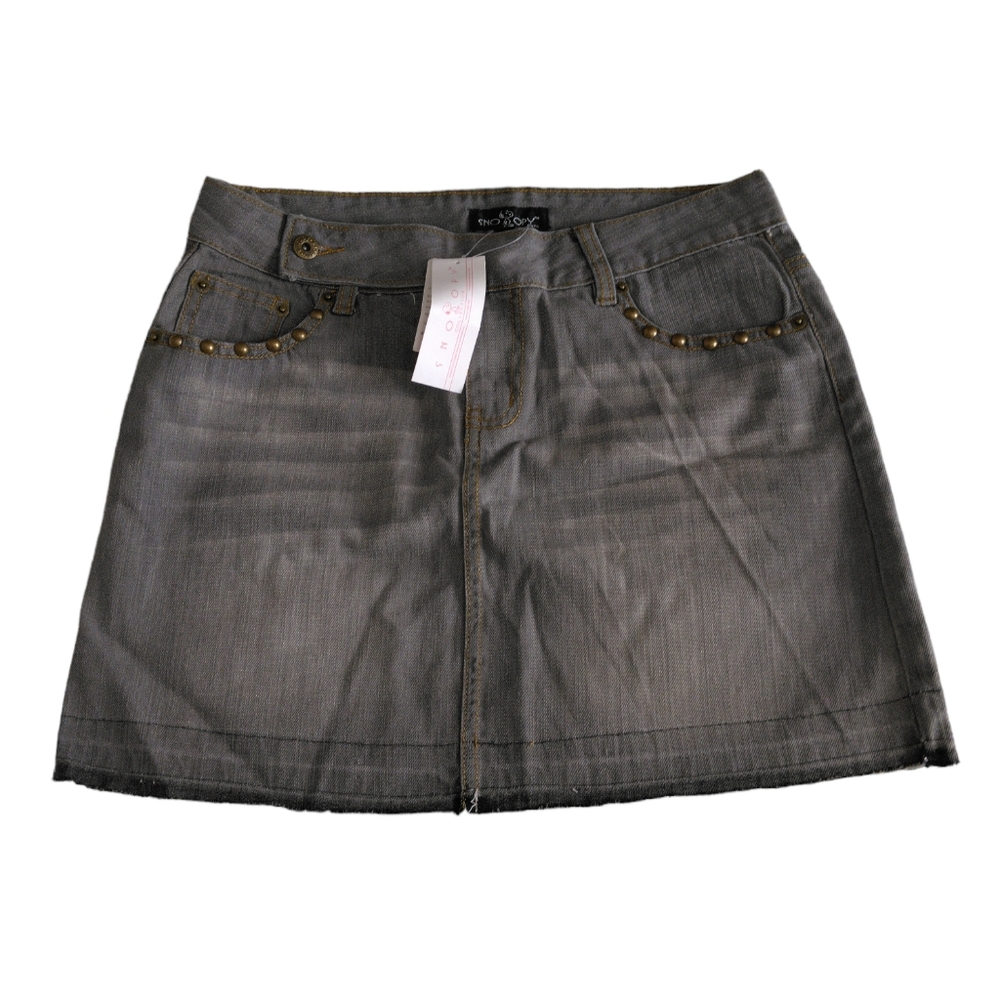 Snoopy Embroidered Grey Jean Distressed Hem Mini Skirt